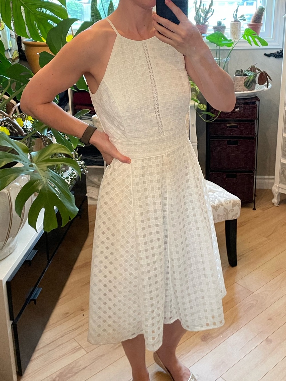 NWT Adelyn Rae Women’s Sz S White High Neck Lace-Panel Midi Dress